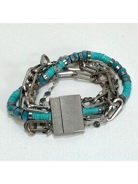 Turquoise & Silver Colored Bracelet Multi-Strand Magnetic Clasp Not Sterling